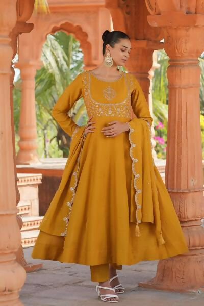 The52 Women's Beautiful Vichitra Silk Fabric Embroidery Work Flared Anarkali Pant and Dupatta Set - Distacart