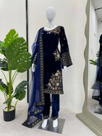 Vastranavya Navy Blue Viscose Velvet Sequence Embroidery Work Kurta & Bottom With Dupatta - Distacart