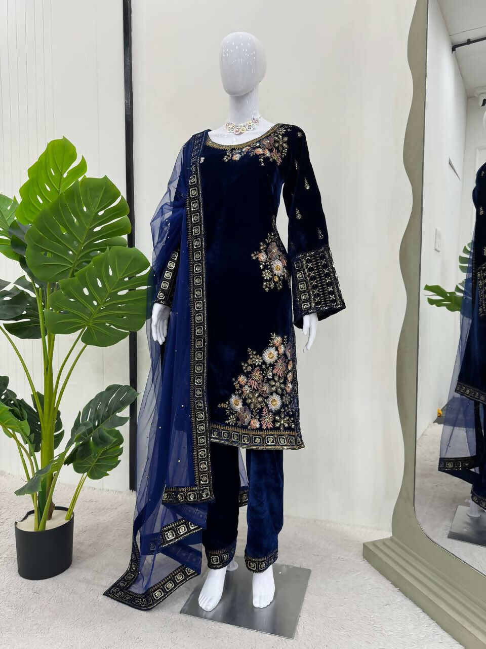 Vastranavya Navy Blue Viscose Velvet Sequence Embroidery Work Kurta & Bottom With Dupatta - Distacart