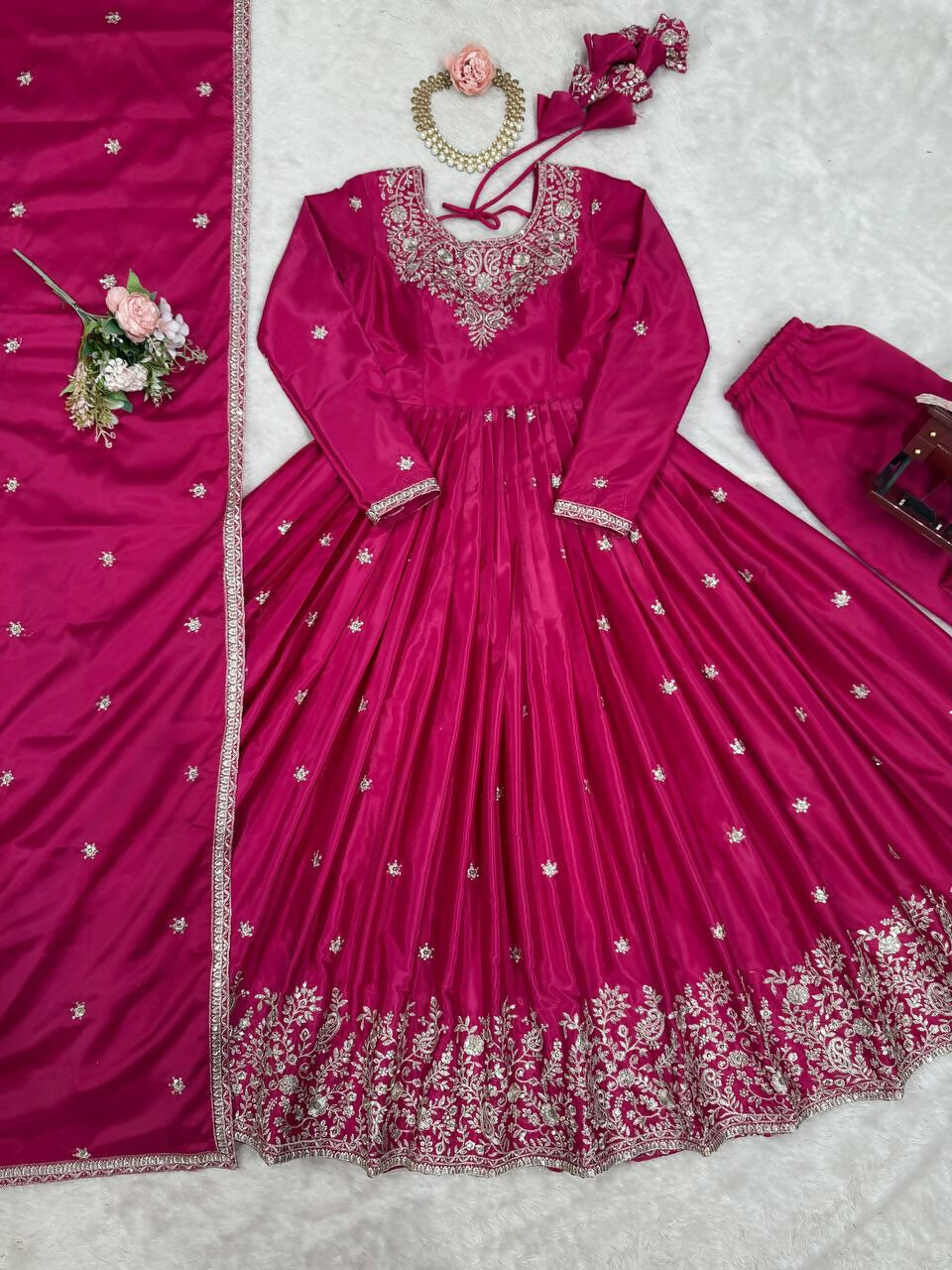 The52 Women's Beautiful American Silk Fabric Embroidery Work Flared Anarkali Pant and Dupatta Set - Distacart