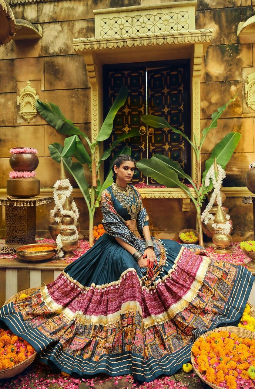 Teeya Creation Teal Colour Rayon Silk Digital Print Fully Stitched Navratri Lehenga