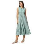 Sea Green & White Ethnic Motifs Embroidered Pure Cotton Maxi A-Line Dress - Poonam - Distacart