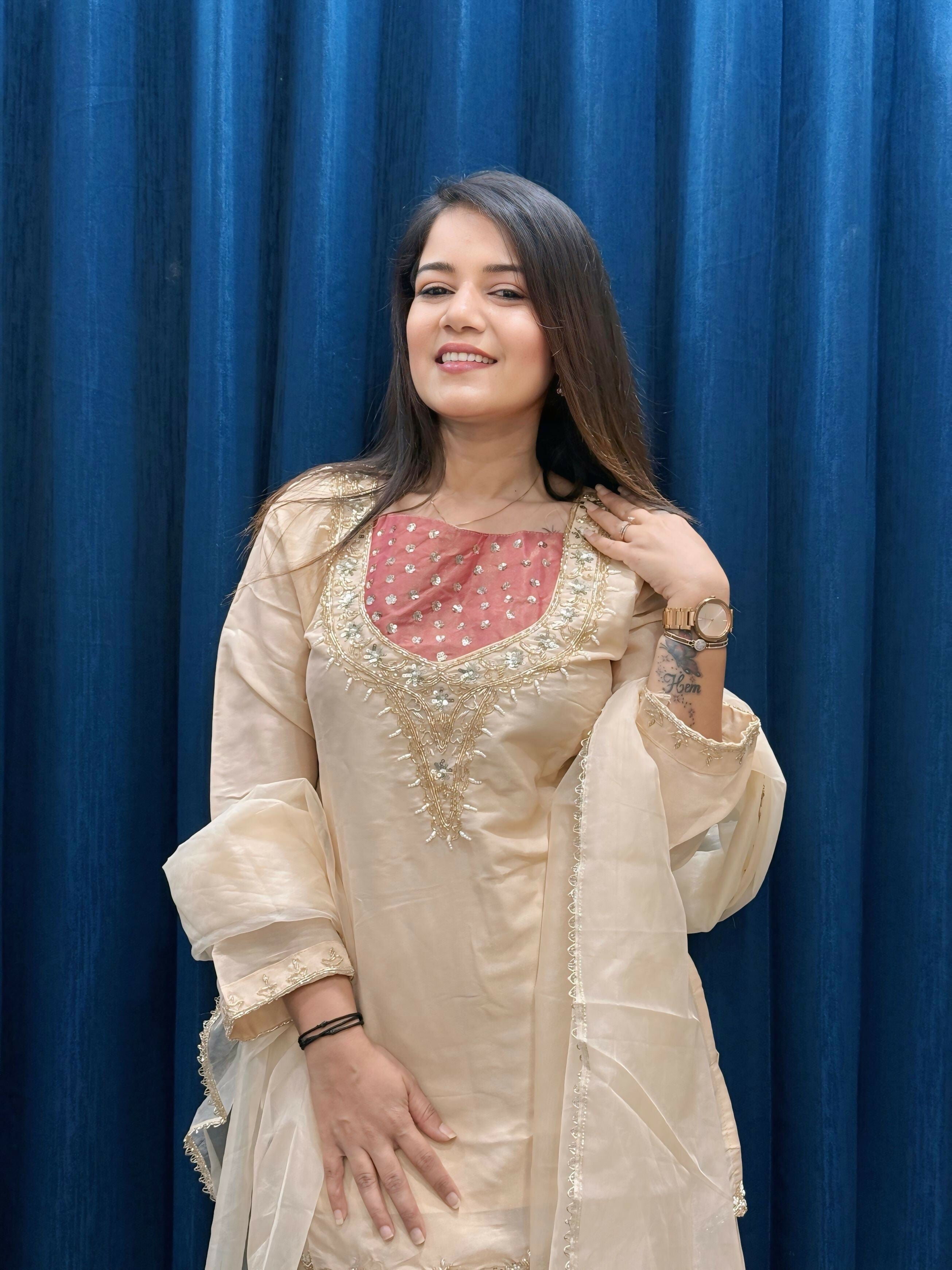 Anaita Cream Roman Shimmer Readymade Kurti Set with Handwork & Moti Work - Distacart