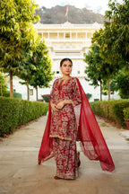Vaasva Women Maroon Muslin Floral & Embroidered Cut Work Kurta ,Sharara & Dupatta set - Distacart