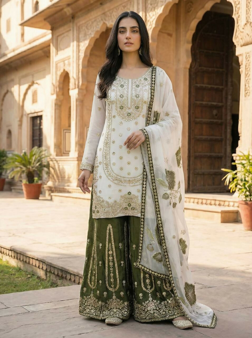 Teeya Creation Green Gimmy Silk Designer Embroidery Work Wedding Wear Palazzo Pair - Distacart