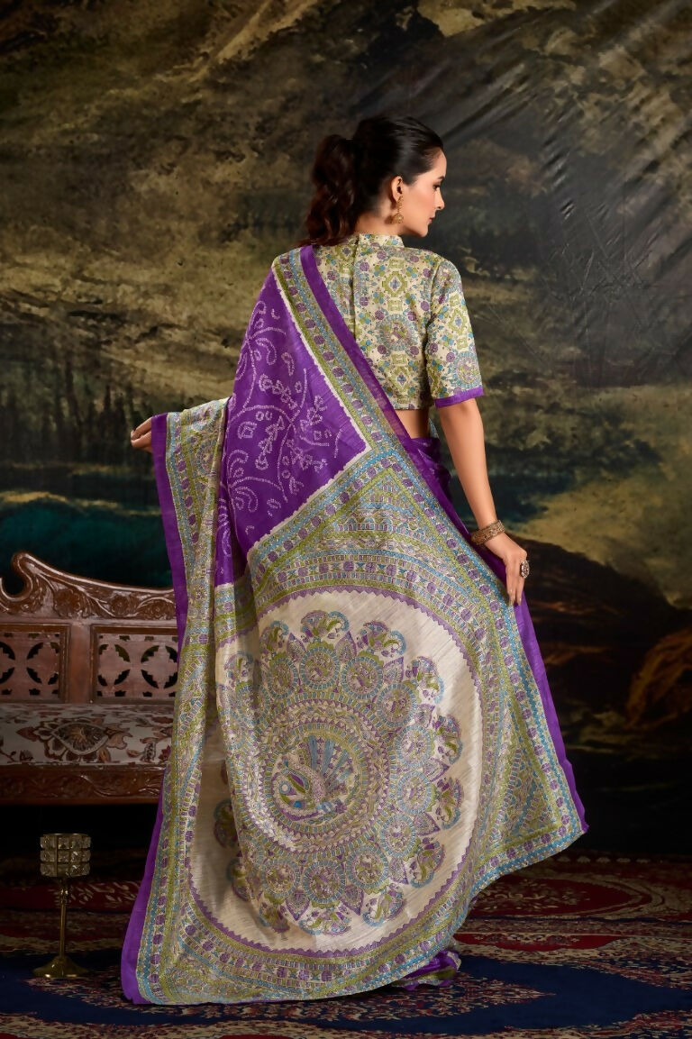 Vastranavya Purple Silk Madhubani & Bandhej Fusion Print Saree with Unstitched Blouse