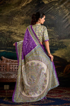 Vastranavya Purple Silk Madhubani & Bandhej Fusion Print Saree with Unstitched Blouse