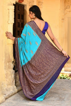 Joban Fashion Sky Blue Crepe Chiffon Pure Handloom Banarasi Silk Saree