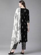 Yufta Women Black & White Ethnic Print Sequined Pure Cotton Kurta with Trouser and Dupatta
