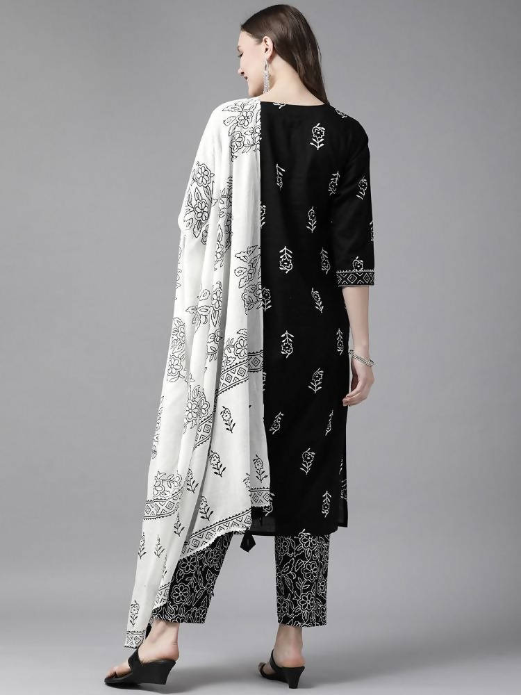 Yufta Women Black & White Ethnic Print Sequined Pure Cotton Kurta with Trouser and Dupatta