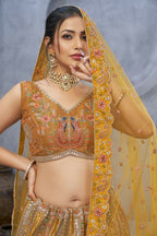 Kesar Fab Mustard Organza Embroidered Lehenga