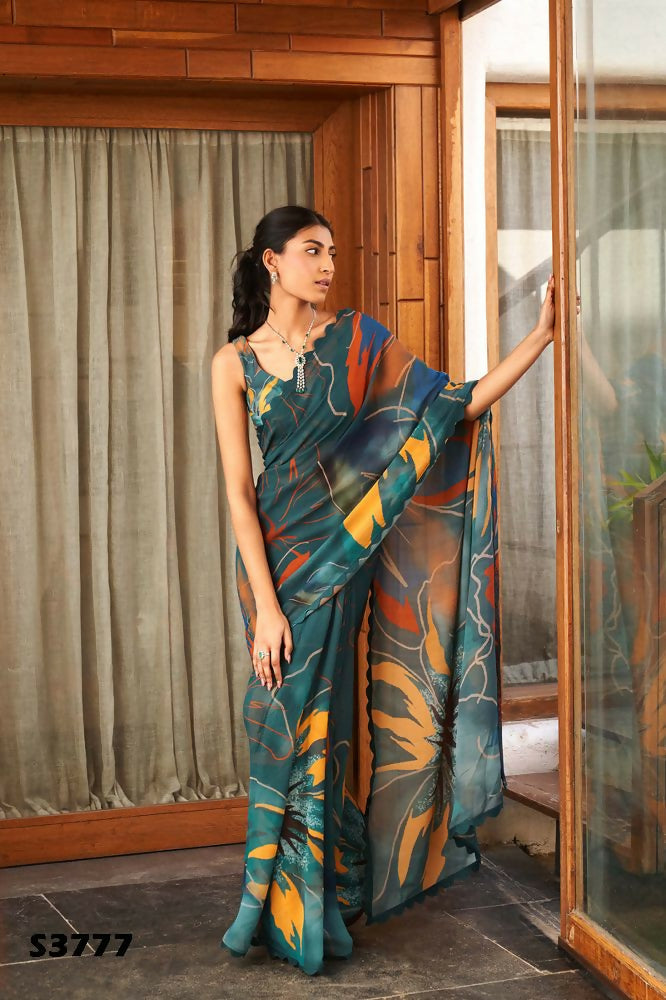 Green Bright Moss Designer Digital Printed Party Wear Saree - Be Verly