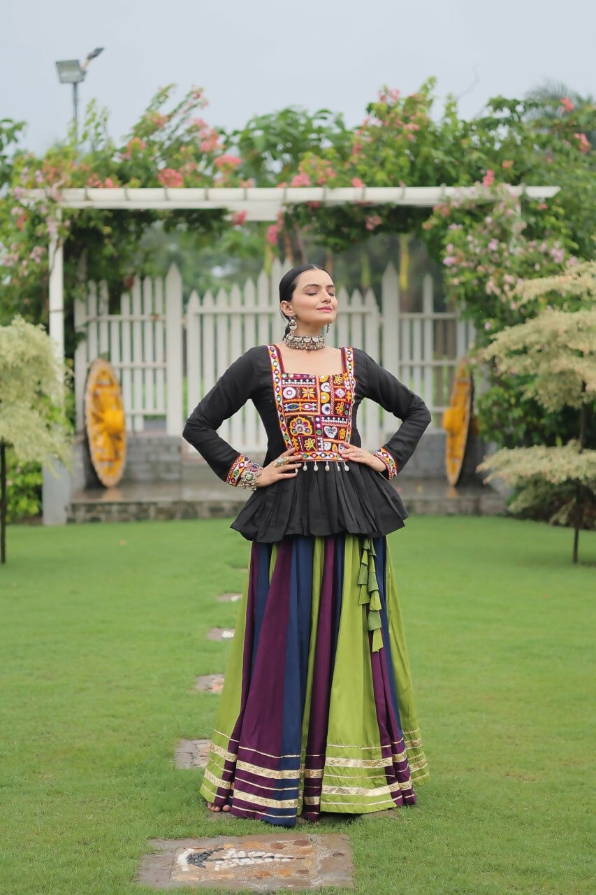 Teeya Creation Multi Colour Reyon Silk Gamathi Work Navratri lehenga Choli