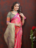 Lorenvalley Fashion Pink Kanjivaram Silk Woven Design with Zari Weaving Saree