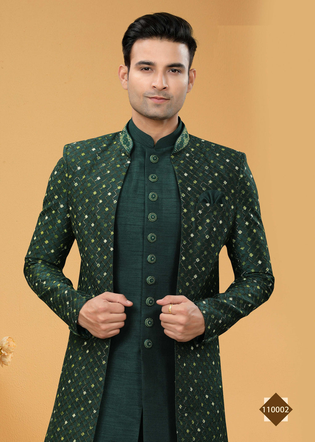 Joban Fashion Men's Green Art Silk Plain Kurta Pyjama set