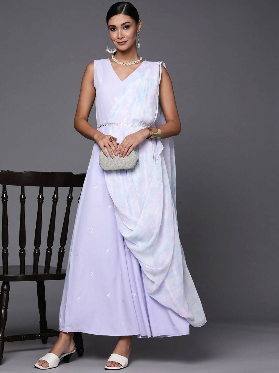 Ahalyaa Blue & White Floral Print Ethnic Maxi Dress with Attached Dupatta - Distacart