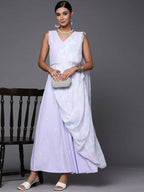 Ahalyaa Blue & White Floral Print Ethnic Maxi Dress with Attached Dupatta - Distacart
