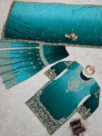 The52 Women's Beautiful Chinon silk Fabric Embroidery Work Straight Kurta Palazzo and Dupatta Set - Distacart