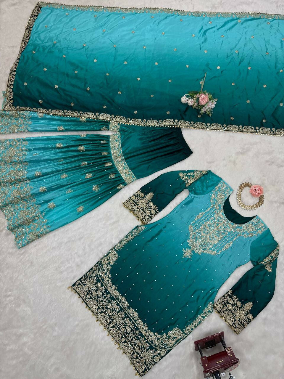 The52 Women's Beautiful Chinon silk Fabric Embroidery Work Straight Kurta Palazzo and Dupatta Set - Distacart