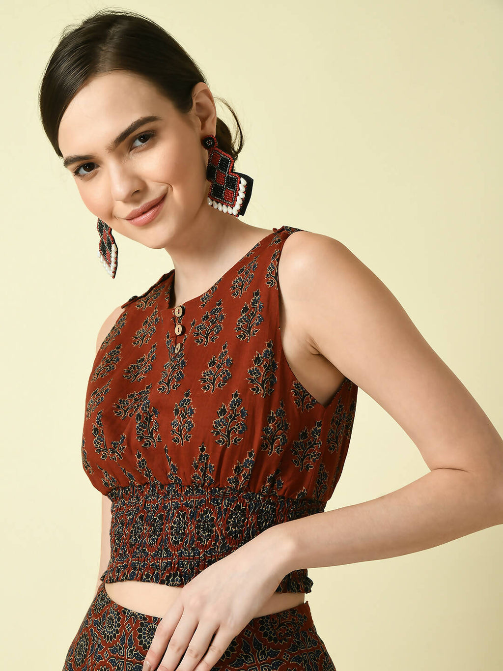 Myshka Women's Rust Ethnic Motifs Printed Top