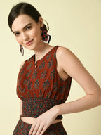 Myshka Women's Rust Ethnic Motifs Printed Top