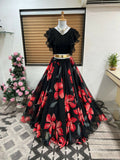 Dishitha Creation Floral Printed Stitched Lehenga & Crop Top - Black & Black