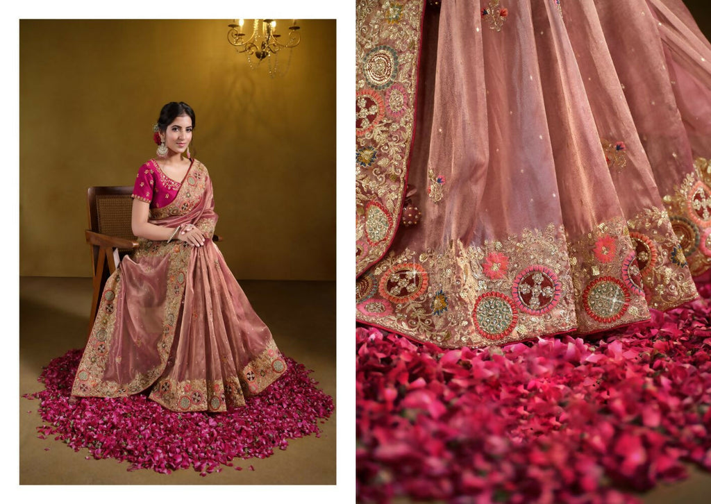 Peach Zari Organza Silk Pure Khatli work Designer Saree With Blouse. - Rajasvi