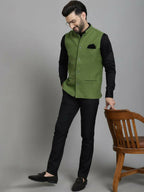 Even Apparels Nehru Jacket With Welt Pockets - Olive