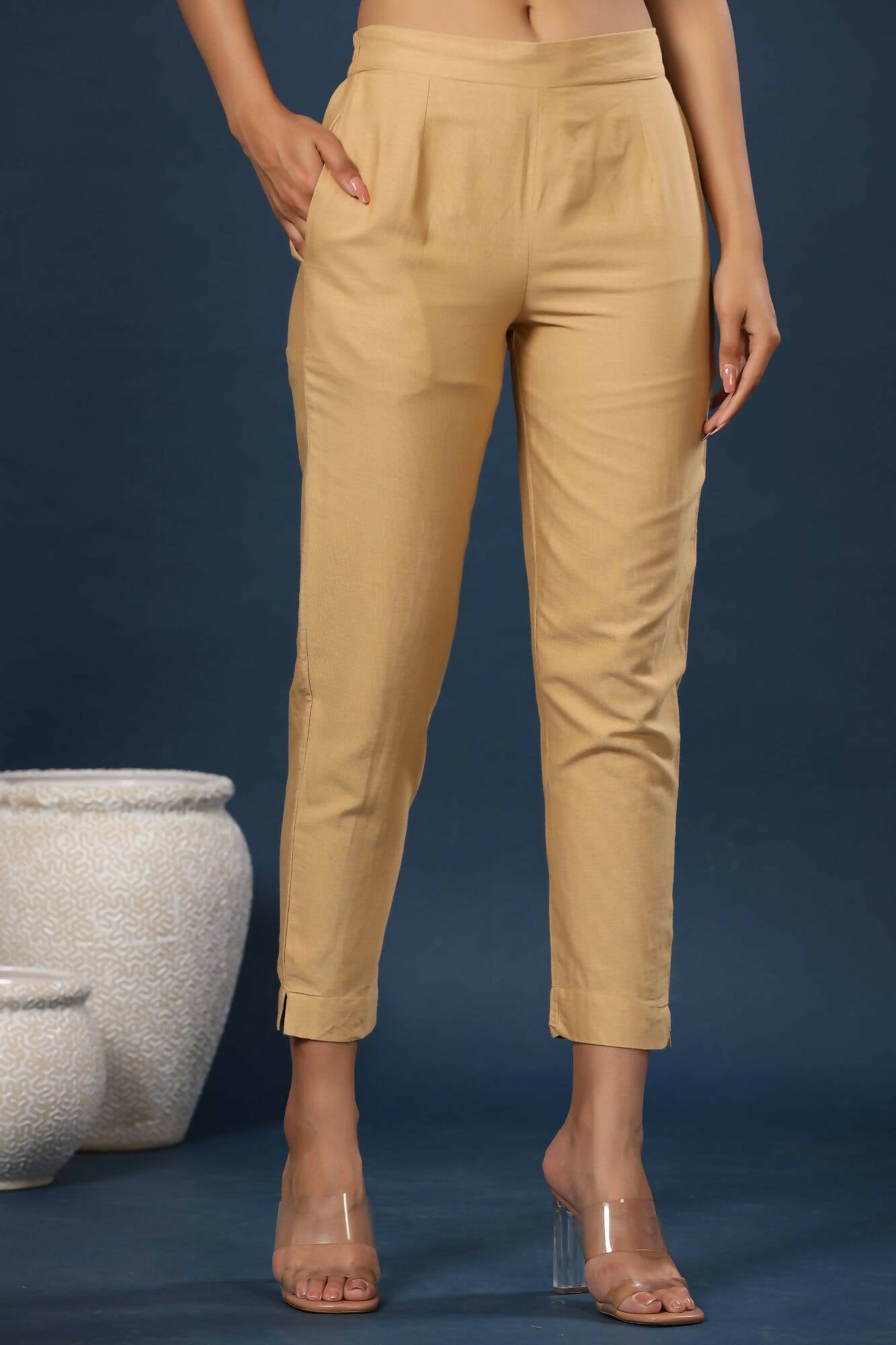 Juniper Women Gold Cotton Flex Solid Slim Fit Pant/Slim Pant - Distacart