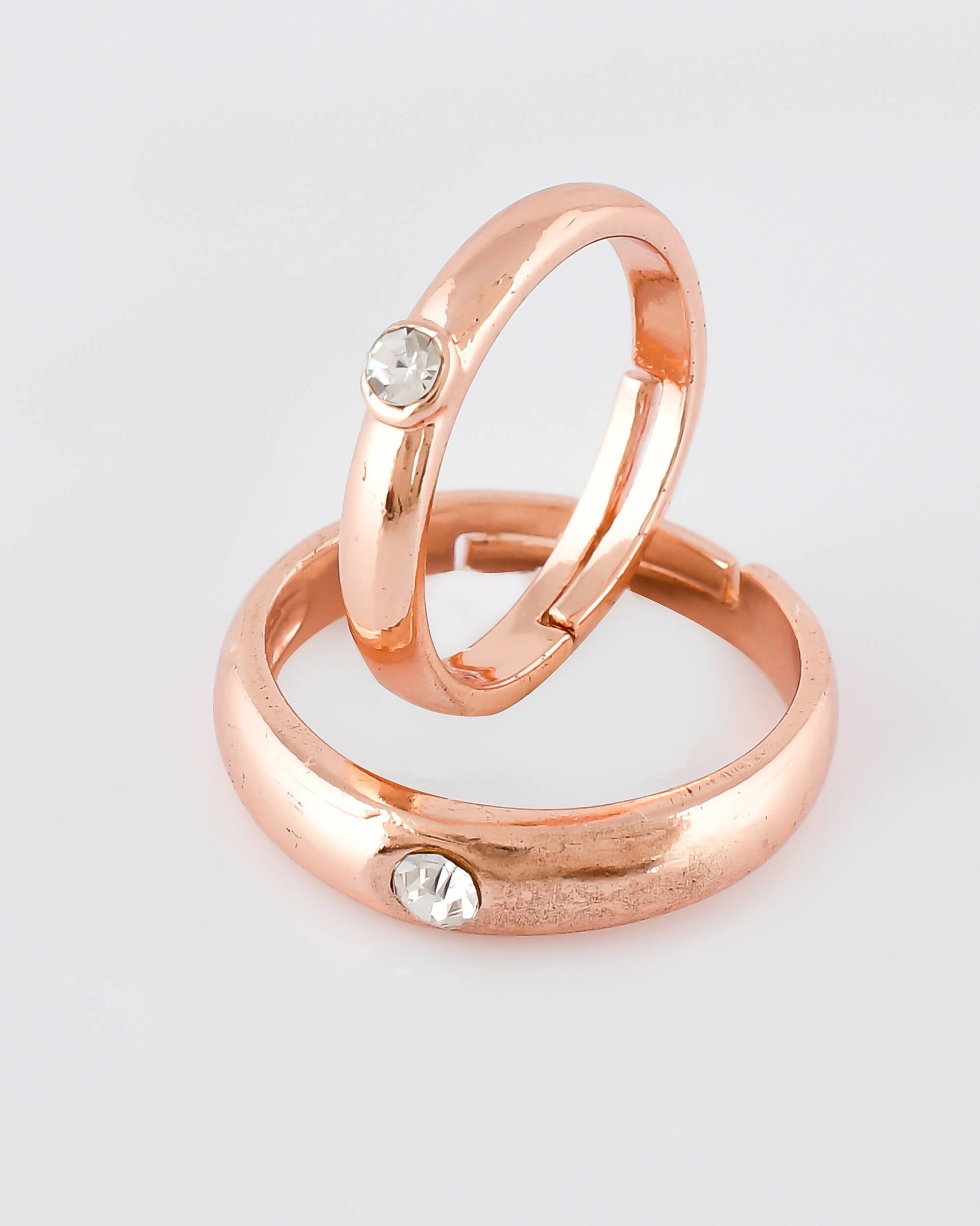 VOJ Stainless Steel Cubic Zirconia Gold-Polished Adjustable Couple Ring Set