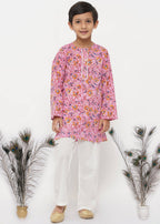 Little Bansi Boys Cotton Block Print Floral Kurta with Pearl Buttons & Pyjama in Pink & Cream