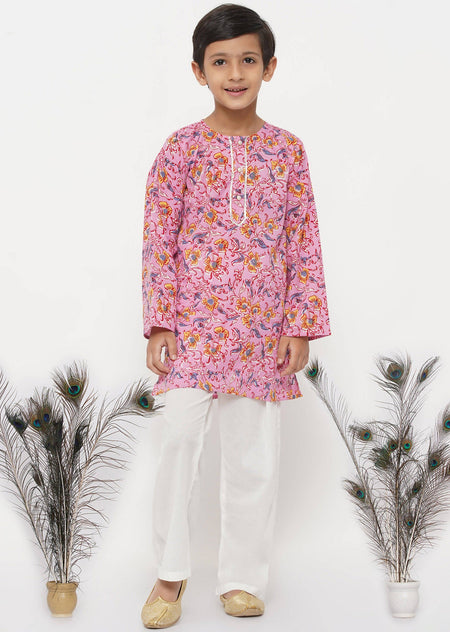 Little Bansi Boys Cotton Block Print Floral Kurta with Pearl Buttons & Pyjama in Pink & Cream