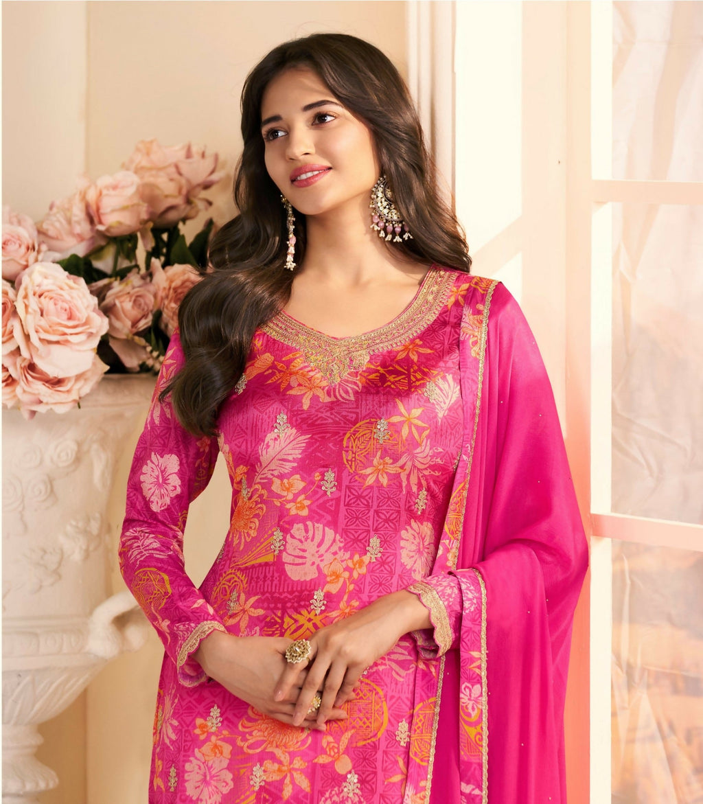 Anaita Magenta Chinon Stitched Suit with Multi Digital Print - Distacart