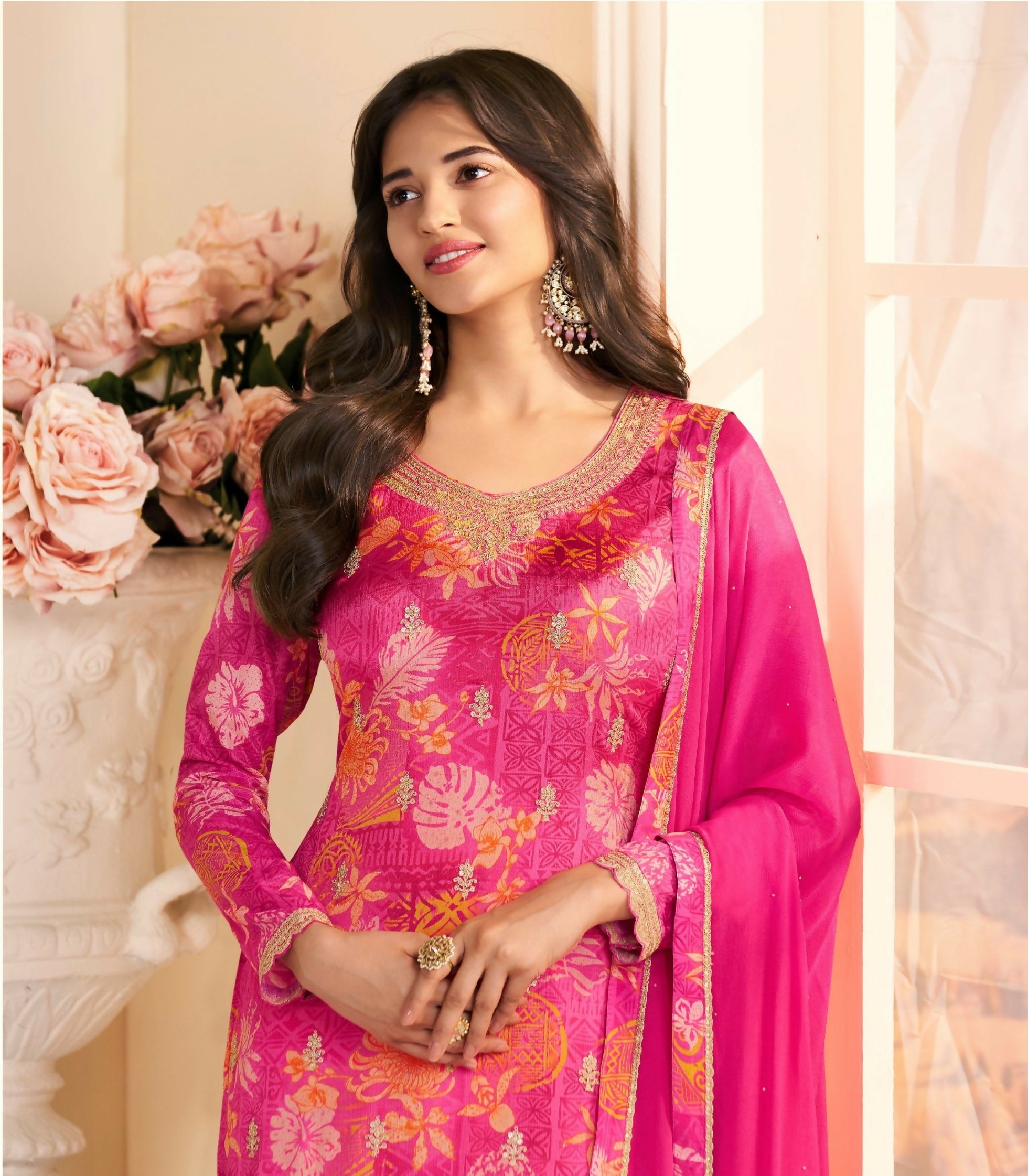 Anaita Magenta Chinon Stitched Suit with Multi Digital Print - Distacart
