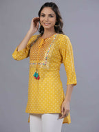 Juniper Women Yellow Muslin Printed High-Low Straight Tunic With Embroidered Yoke