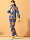 Myshka Women's Blue Printed Coat With Trousers