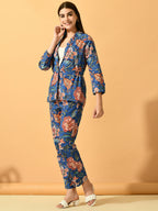 Myshka Women's Blue Printed Coat With Trousers
