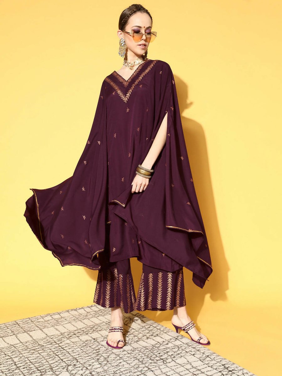 Ahalyaa Women Wine Colour Crepe Gold Glitter Print Kurta Palazzo Set - Distacart