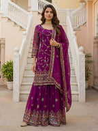 Teeya Creation Wine Faux Georgette Multi Thread Work Wedding Wear Sharara Set