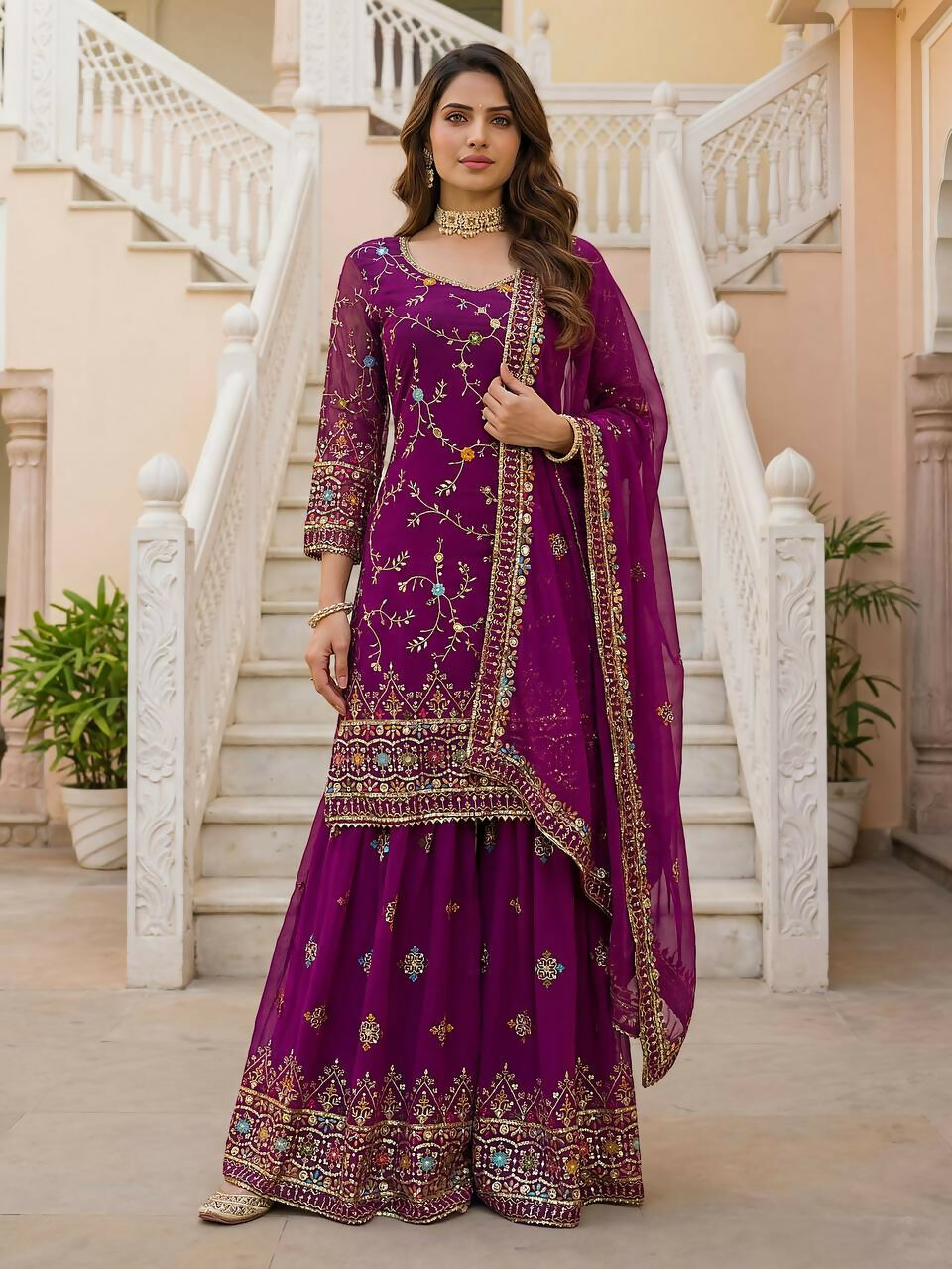 Teeya Creation Wine Faux Georgette Multi Thread Work Wedding Wear Sharara Set