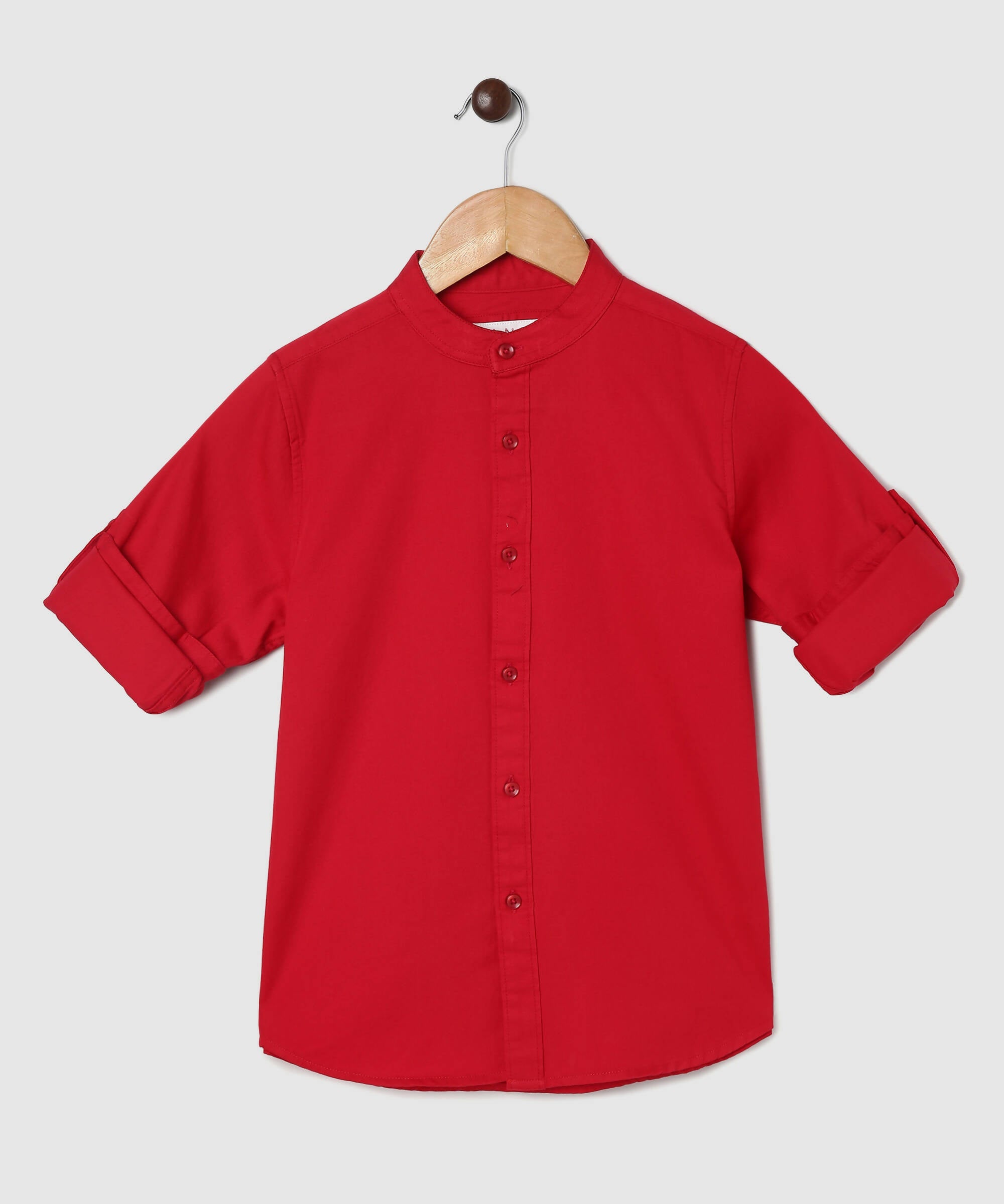 Manet Boys Mandarin Collar Full Sleeves Melange Shirt - Red
