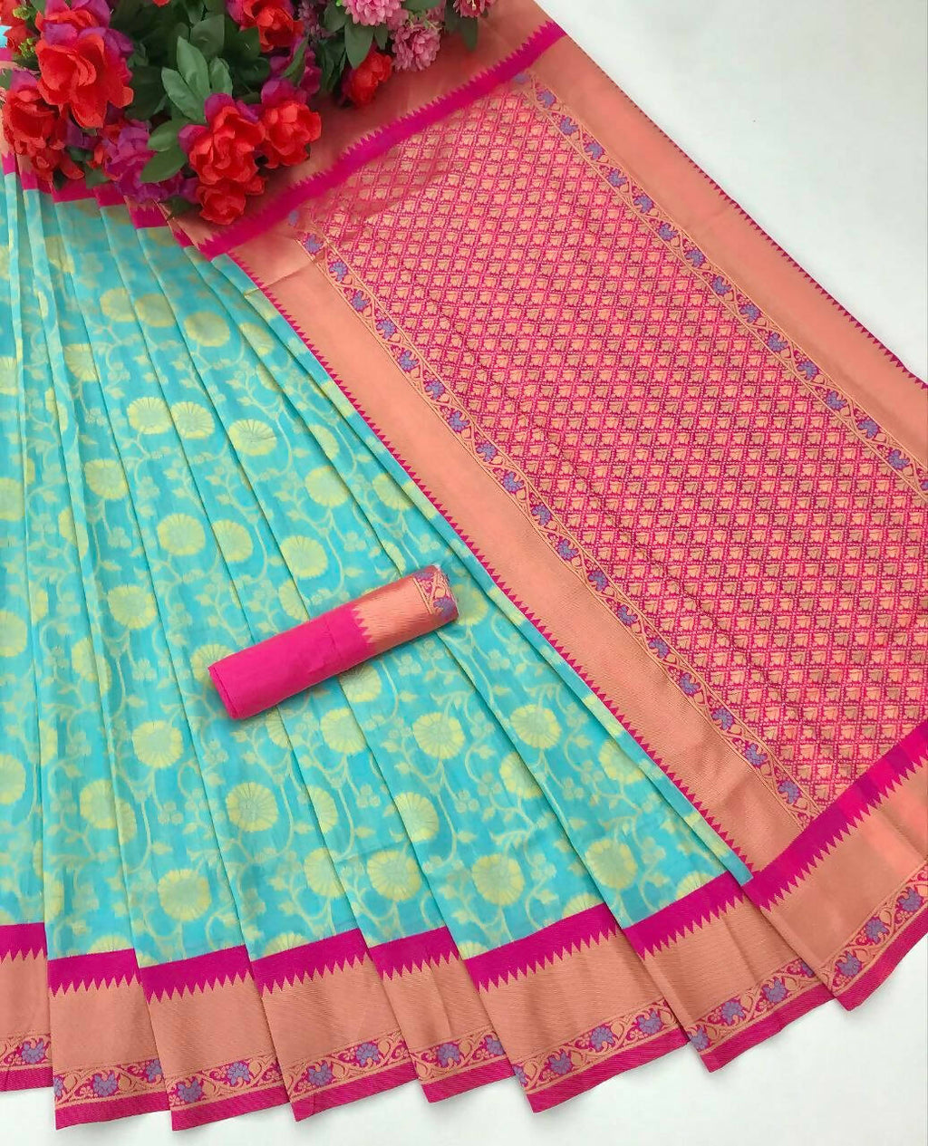 DEIANA'S Beautiful Designer Golden zari Soft Lichi Silk Saree - Sky