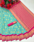 DEIANA'S Beautiful Designer Golden zari Soft Lichi Silk Saree - Sky