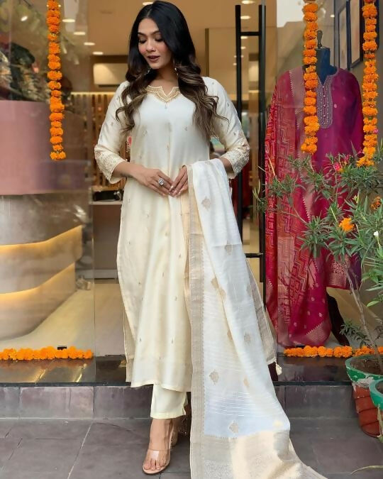 The52 White Beautiful Embroidered Viscose Chanderi Fabric Straight Kurta Pant with Dupatta Set - Distacart