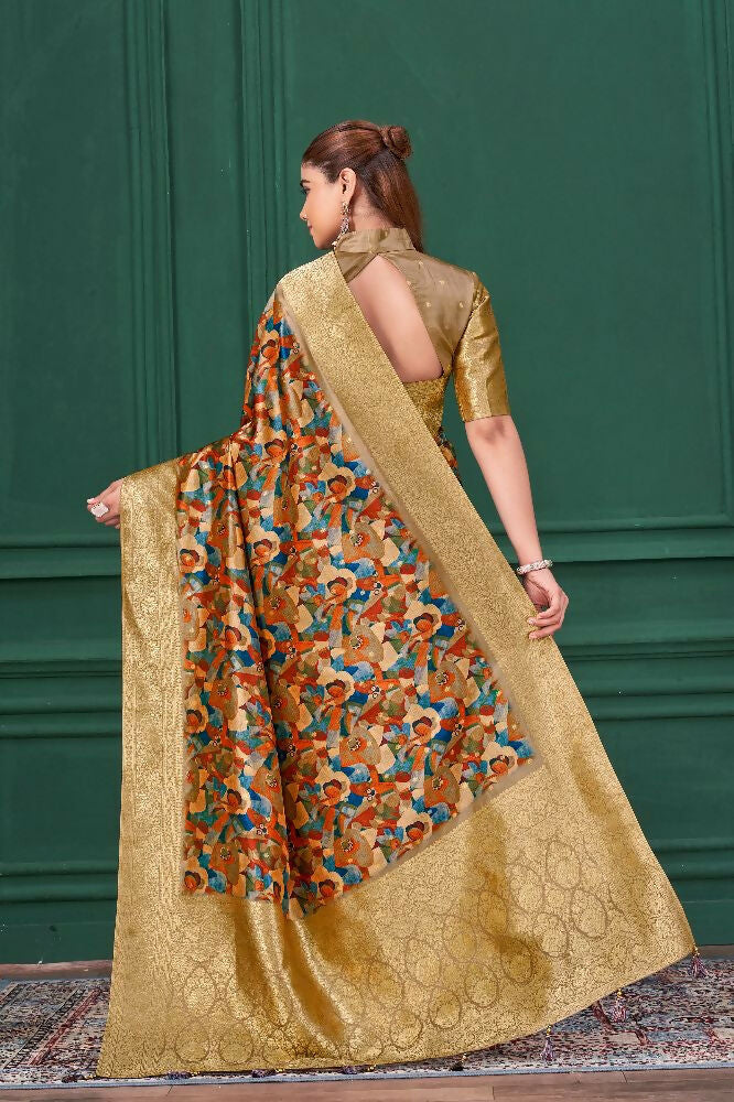 Chiku Tussar Silk Jacquard Abstract Digital Print Saree with Unstitched Blouse - Mohira