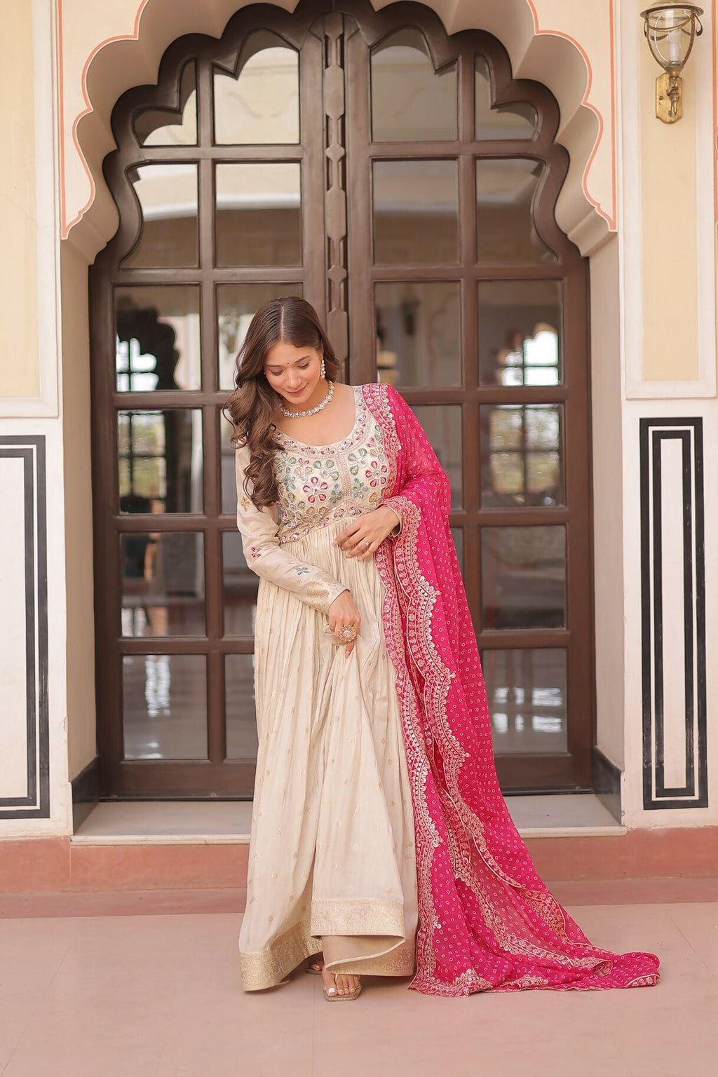 Joban Fashion Pink Jacquard Sequence Embroidery Work Kurta Set - Distacart