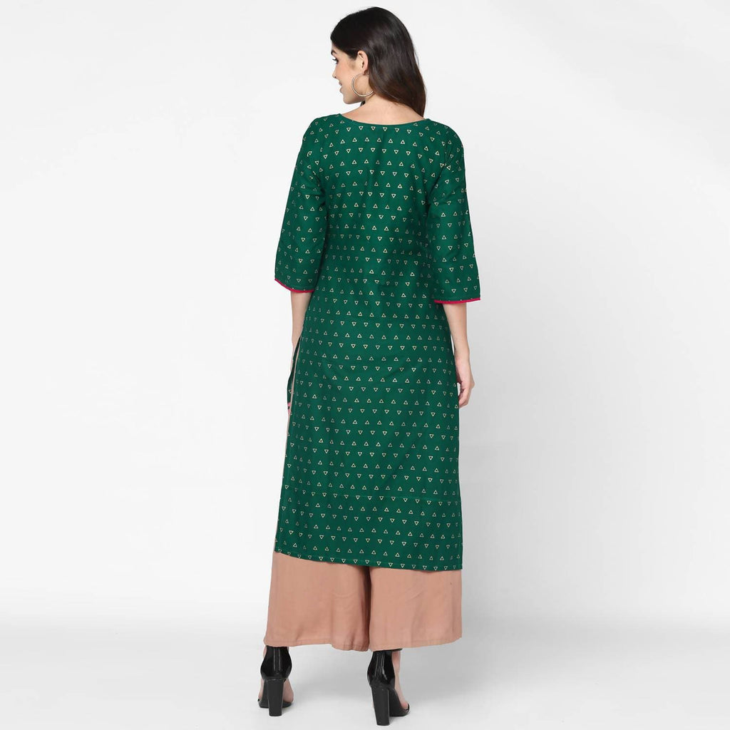 Cheera Hand Block Print Green Straight Kurta (MAAI-063K)