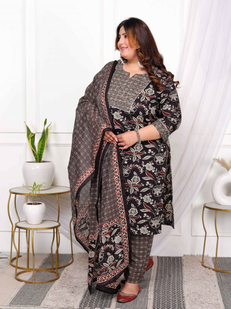 Miravan Women's Plus Size Multi Colour Floral Printed Embroidery Yoke Design Kurta with Palazzo And Dupatta Set
