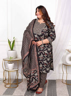 Miravan Women's Plus Size Multi Colour Floral Printed Embroidery Yoke Design Kurta with Palazzo And Dupatta Set