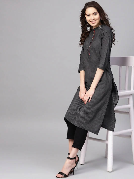 Myshka Women Black & White Striped Straight Kurta - Distacart